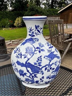 Large Blue & White Chinoiserie Vase Bird Floral Porcelain Decor